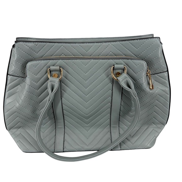 Segolene Paris Handbags - Segolene Paris Blue Grey Chevron Quilted Satchel Handbag Gold Hardware Large